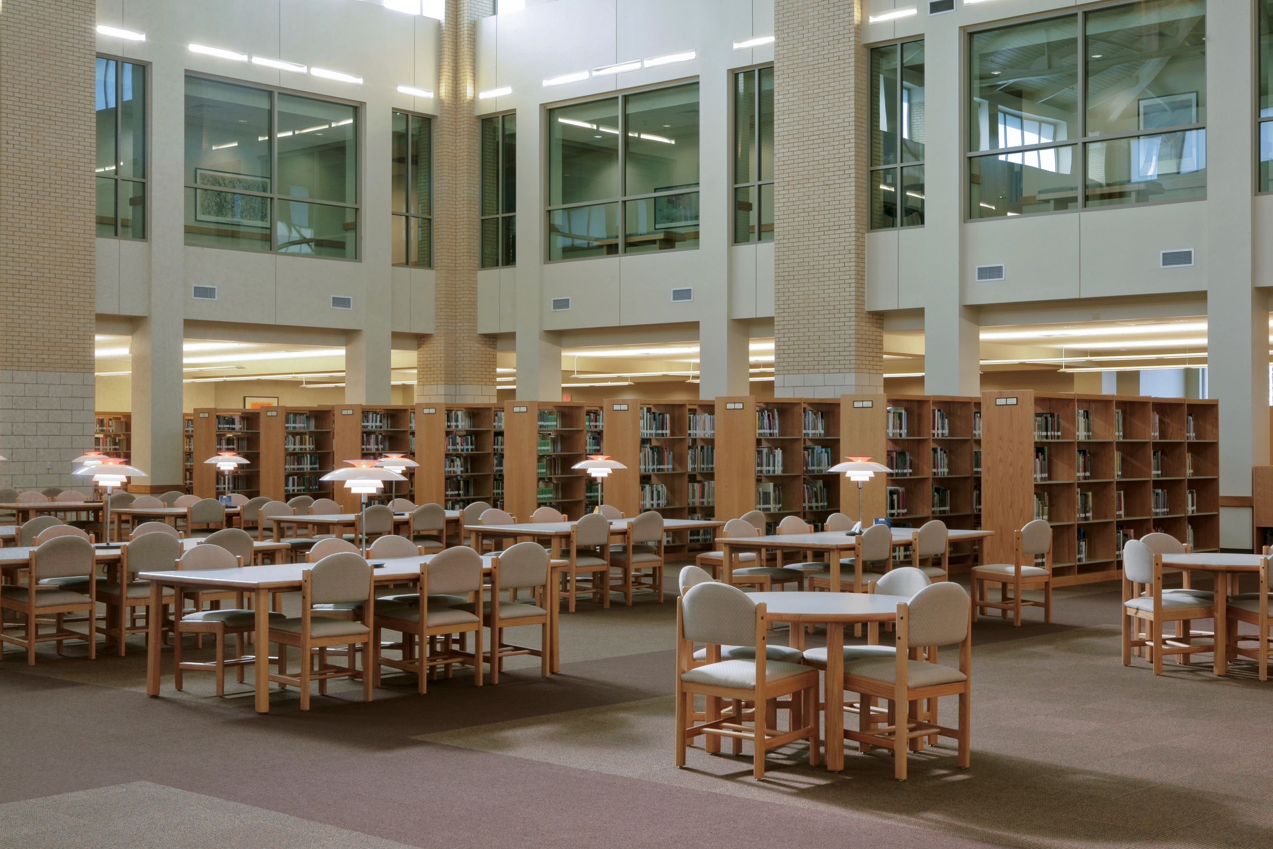 Wide shot of a college library